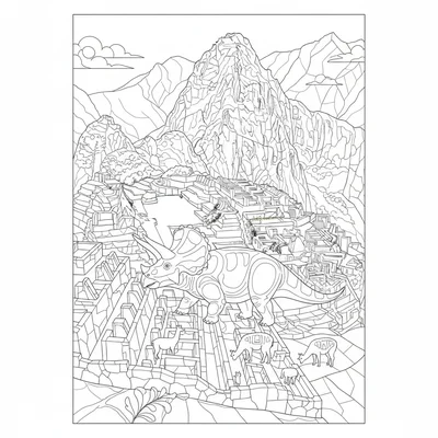 A Triceratops exploring the ruins of Machu Picchu, stone terrace steps rising b… coloring page