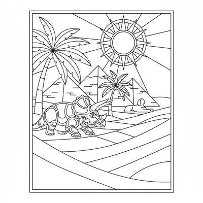 A Triceratops resting in the shade beside the Egyptian pyramids, a sun disc abo… coloring page