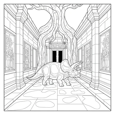 A Triceratops walking through the temple corridor of Angkor Wat, stone walls wi… coloring page