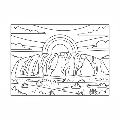 Uluru at sunset, the monolith rock in deep orange sunset color filling most coloring page