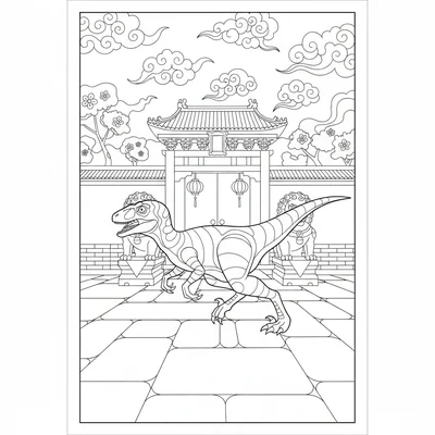 A Velociraptor exploring the Forbidden City, running through a courtyard with a… coloring page