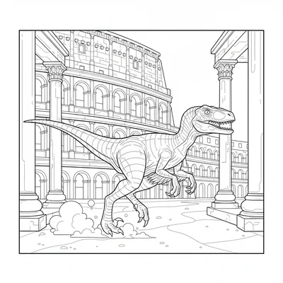 A Velociraptor leaping across the arena floor of the Roman Colosseum, the tiere… coloring page