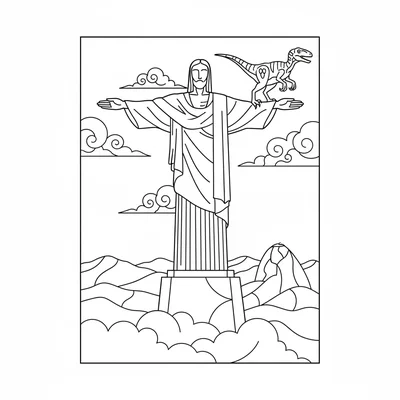 A Velociraptor perched on the outstretched arm of Christ the Redeemer in Rio, t… coloring page