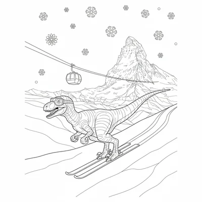A Velociraptor skiing down a slope beside the Matterhorn, the mountain peak as… coloring page