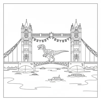 A Velociraptor standing on Tower Bridge London, the bridge towers simplified to… coloring page