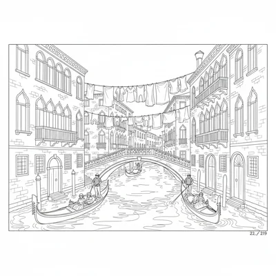 A Venetian canal scene with a wide canal flanked by three-story palazzo coloring page