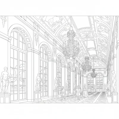 A Versailles Hall of Mirrors interior, the long gallery coloring page