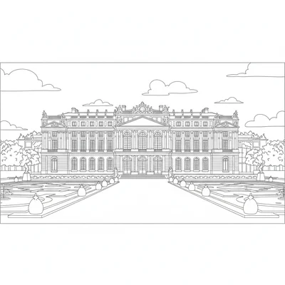 Versailles Palace facade with formal garden, the long symmetrical palace facade coloring page
