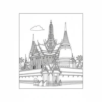 Wat Phra Kaew in Bangkok with its golden spires, the Temple of the Emerald coloring page
